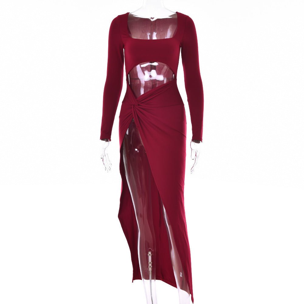 Womens Clothing Long Sleeve Dress Fashion Hollow U - neck Split Dress Party Wedding - Zeren