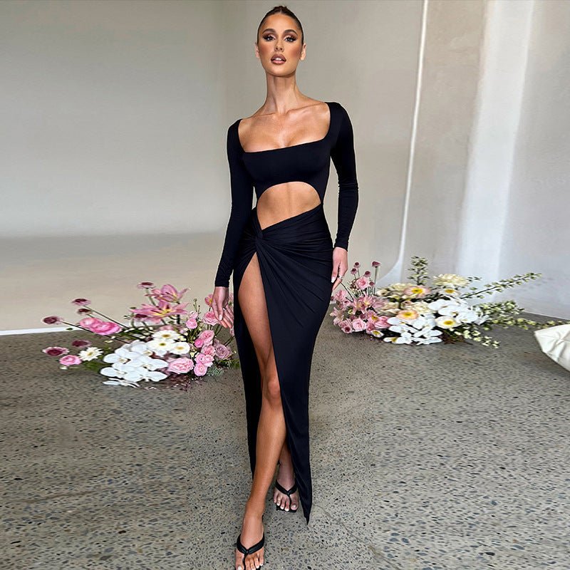 Womens Clothing Long Sleeve Dress Fashion Hollow U - neck Split Dress Party Wedding - Zeren