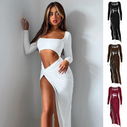 Womens Clothing Long Sleeve Dress Fashion Hollow U - neck Split Dress Party Wedding - Zeren